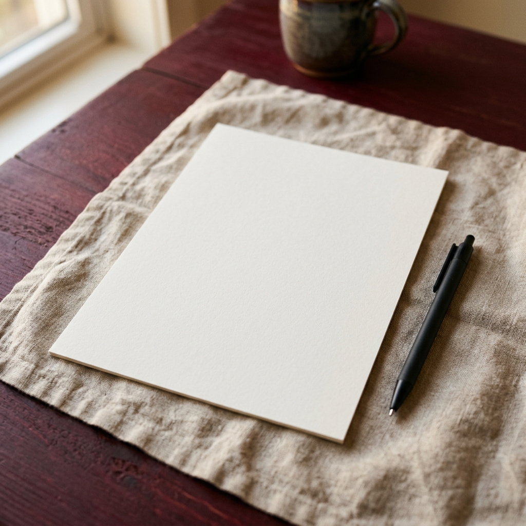 Ein leeres Blatt Papier und ein Stift liegen auf einem Leinentuch über einer dunkelroten Tischplatte.